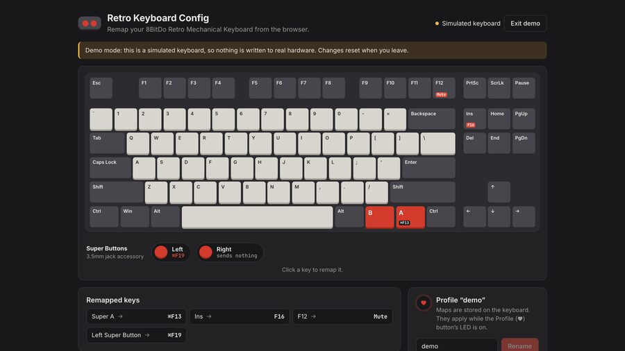 Retro Keyboard Config in demo mode, showing a keyboard layout with remapped keys highlighted