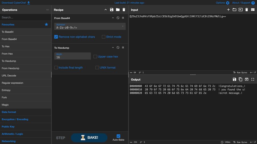 CyberChef with a From Base64 + To Hexdump recipe, showing the decoded output