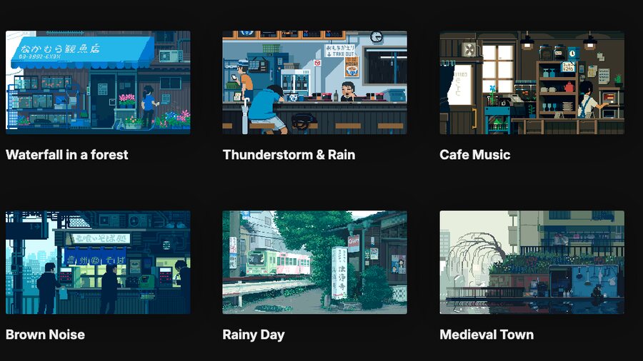 The Noize home screen: a grid of pixel-art scene cards
