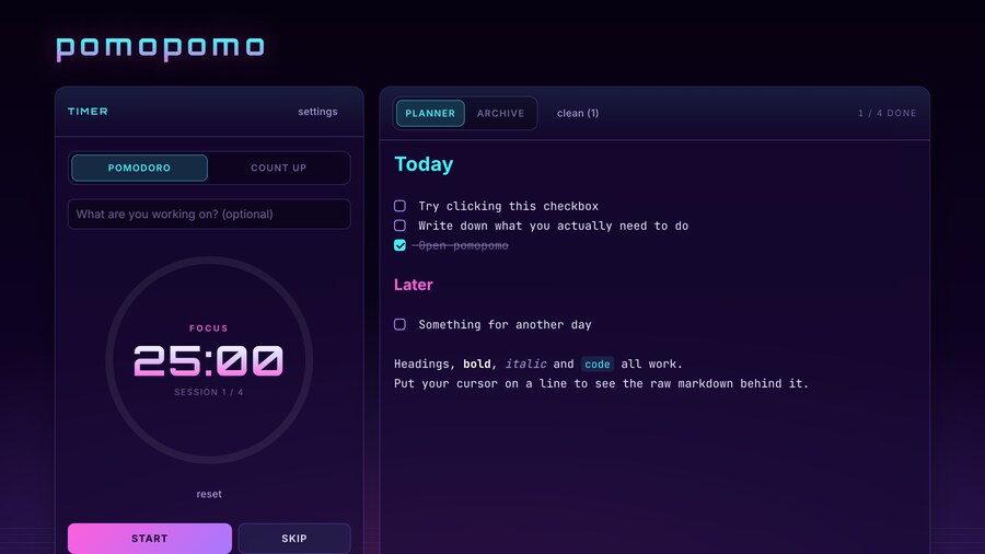 The pomopomo screen: a focus timer beside a markdown day planner