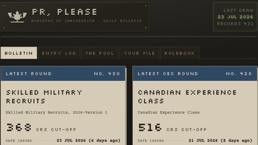 The PR, Please bulletin view showing the latest Express Entry rounds